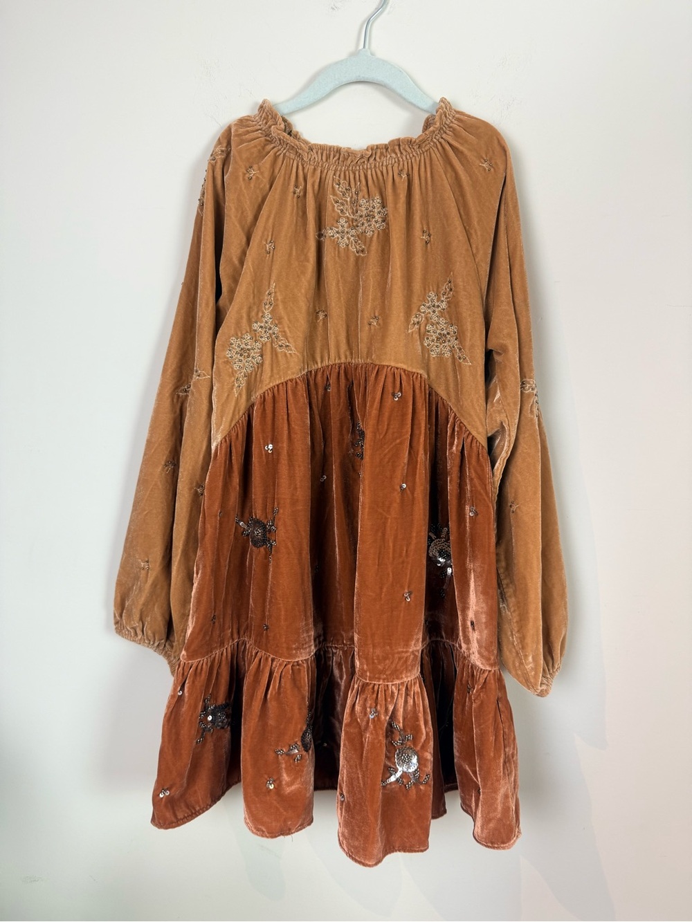 Zara Two-Tone Velvet Tiered Dress in Camel and Rust size 9-10 girl